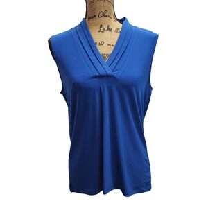 Anne Klein Sleeveless V Neck Pleated Royal Blue Top Women's Size L